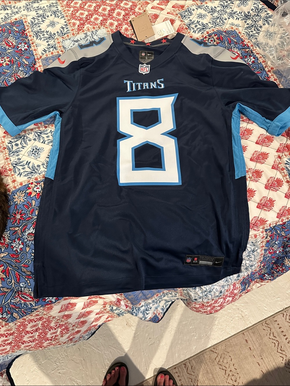 Nike Titans #8 Navy and Light Blue Football Jersey